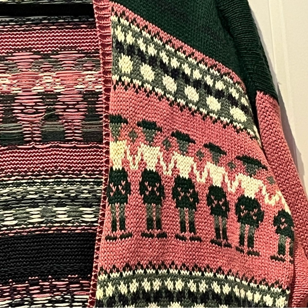 Vintage 80s 90s Paris Sport Club Handknit Pink Green Graphic Novelty Cardigan